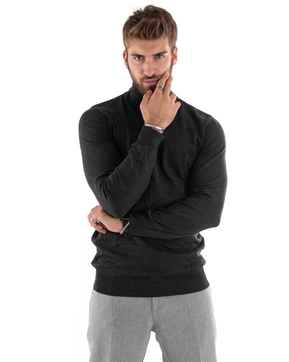 Maglioncino Uomo Maglia Mezzo Collo Maniche Lunghe Sottogiacca Rasato Caldo Elastico Tinta Unita Grigio Scuro GIOSAL-M2558A
