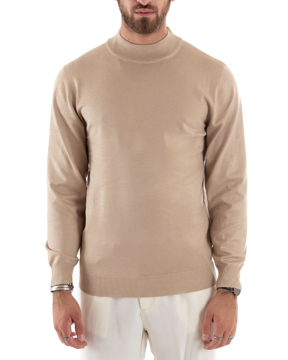 Maglioncino Uomo Maglia Mezzo Collo Maniche Lunghe Sottogiacca Rasato Caldo Elastico Tinta Unita Beige GIOSAL-M2560A
