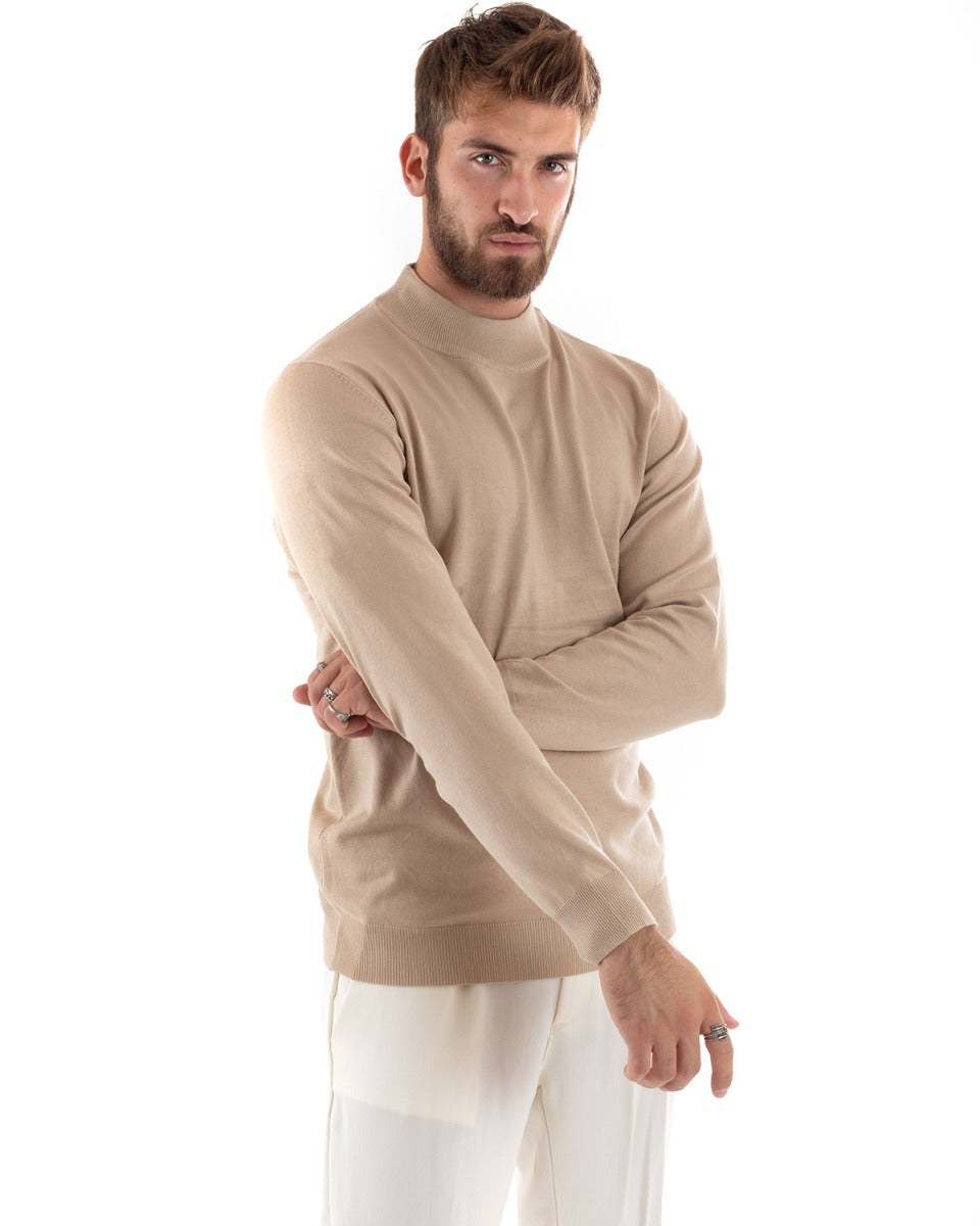 Maglioncino Uomo Maglia Mezzo Collo Maniche Lunghe Sottogiacca Rasato Caldo Elastico Tinta Unita Beige GIOSAL-M2560A