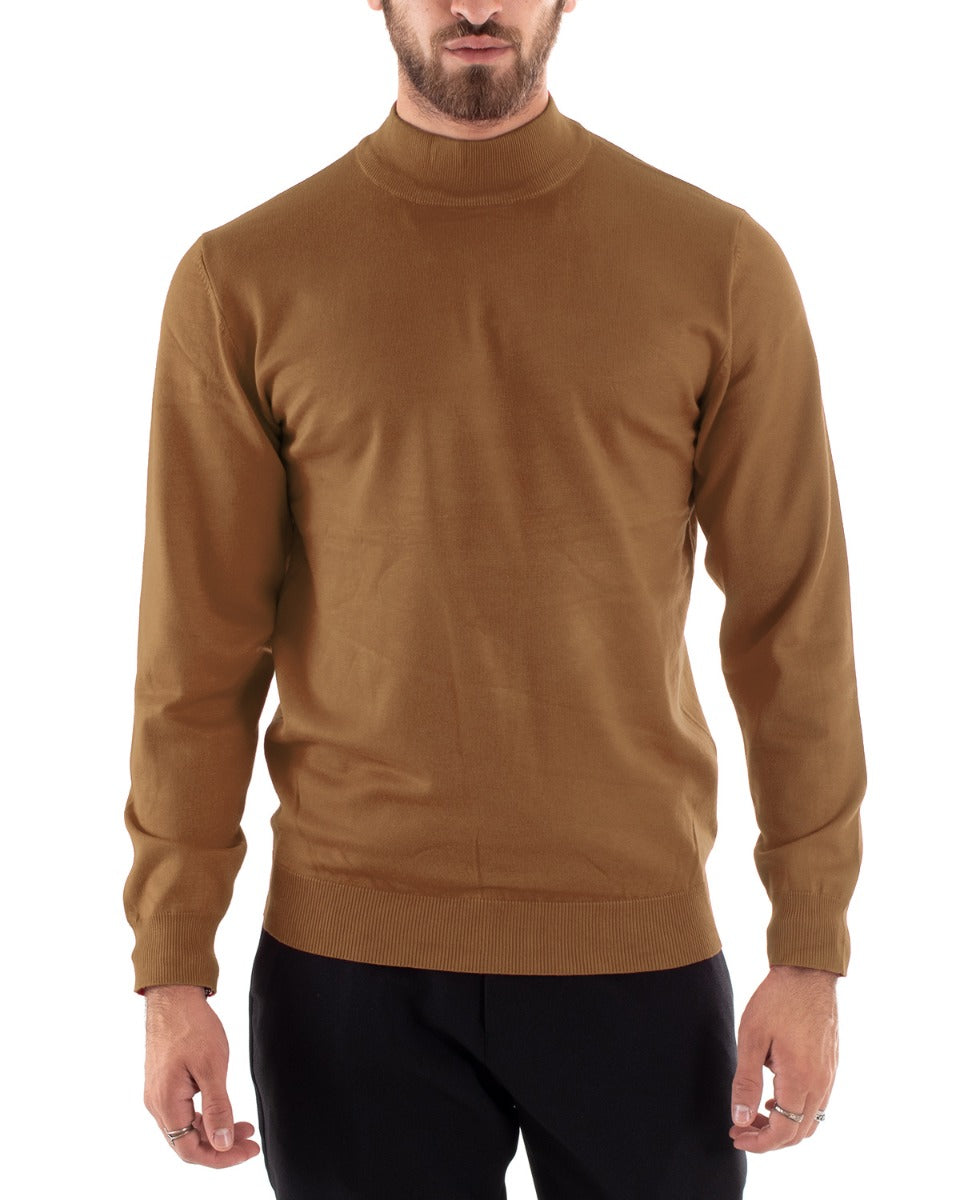 Maglioncino Uomo Maglia Mezzo Collo Maniche Lunghe Sottogiacca Rasato Caldo Elastico Tinta Unita Camel GIOSAL-M2608A