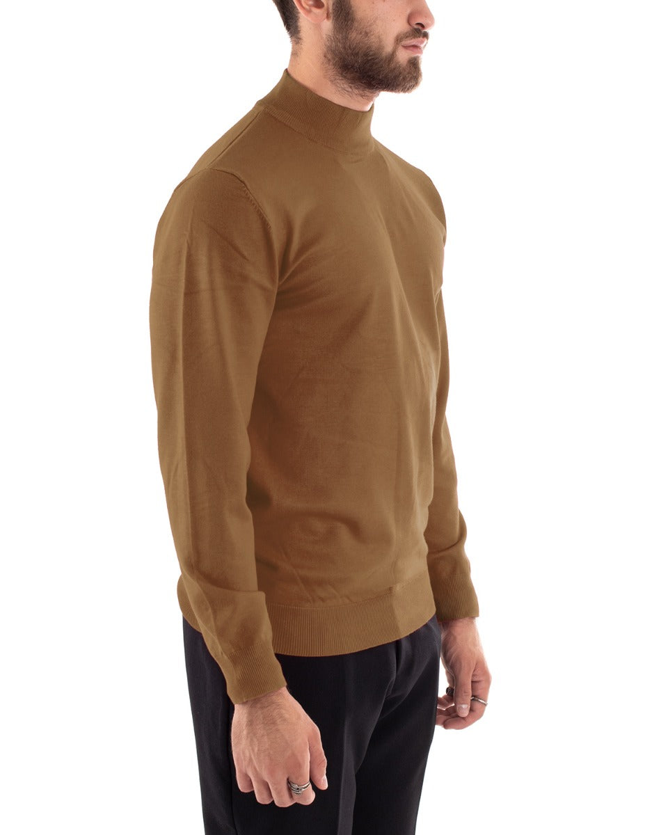 Maglioncino Uomo Maglia Maniche Lunghe Mezzo Collo Elastico Tinta Unita Camel GIOSAL-M2608A