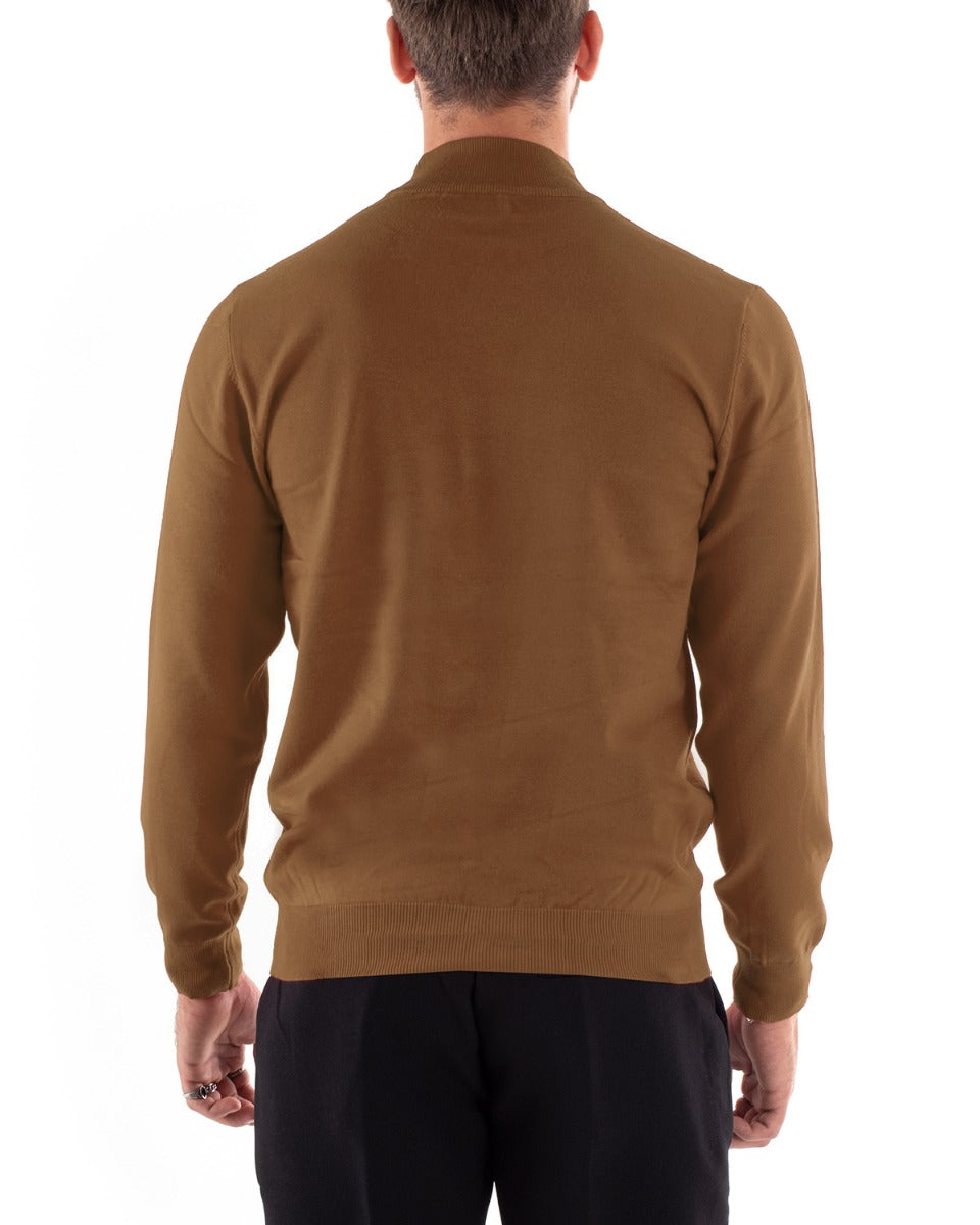 Maglioncino Uomo Maglia Maniche Lunghe Mezzo Collo Elastico Tinta Unita Camel GIOSAL-M2608A