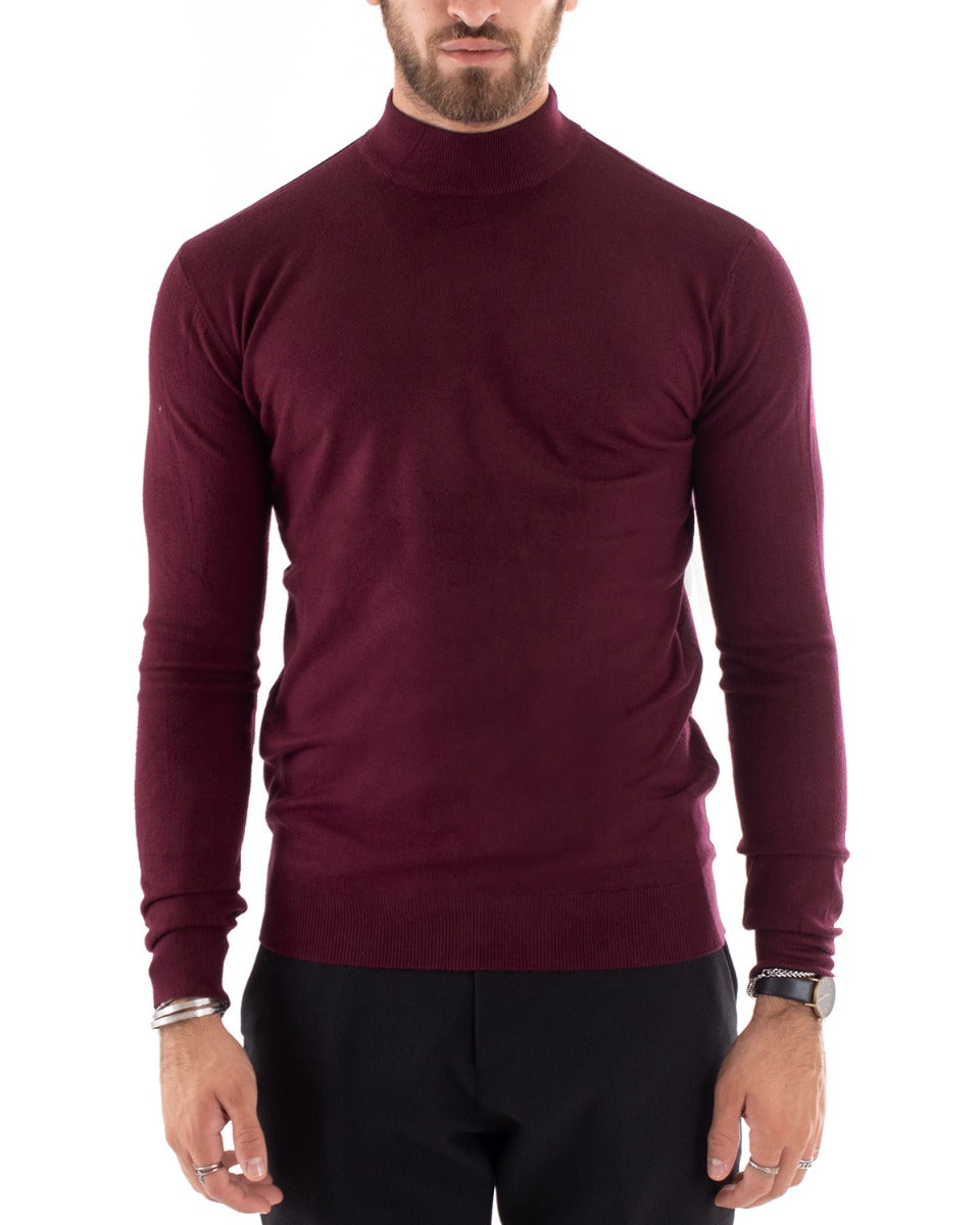 Maglioncino Uomo Maglia Mezzo Collo Maniche Lunghe Sottogiacca Rasato Caldo Elastico Tinta Unita Bordeaux GIOSAL-M2565A