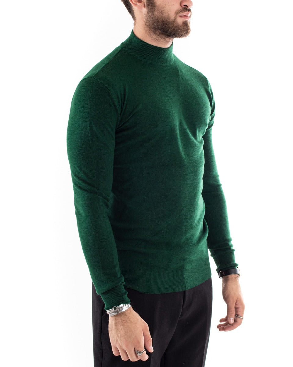 Maglioncino Uomo Maglia Maniche Lunghe Mezzo Collo Elastico Tinta Unita Verde Bottiglia GIOSAL-M2566A