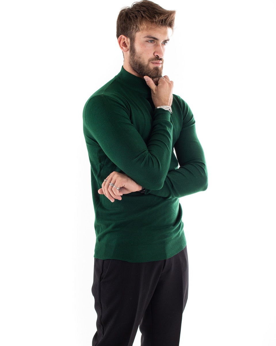 Maglioncino Uomo Maglia Maniche Lunghe Mezzo Collo Elastico Tinta Unita Verde Bottiglia GIOSAL-M2566A