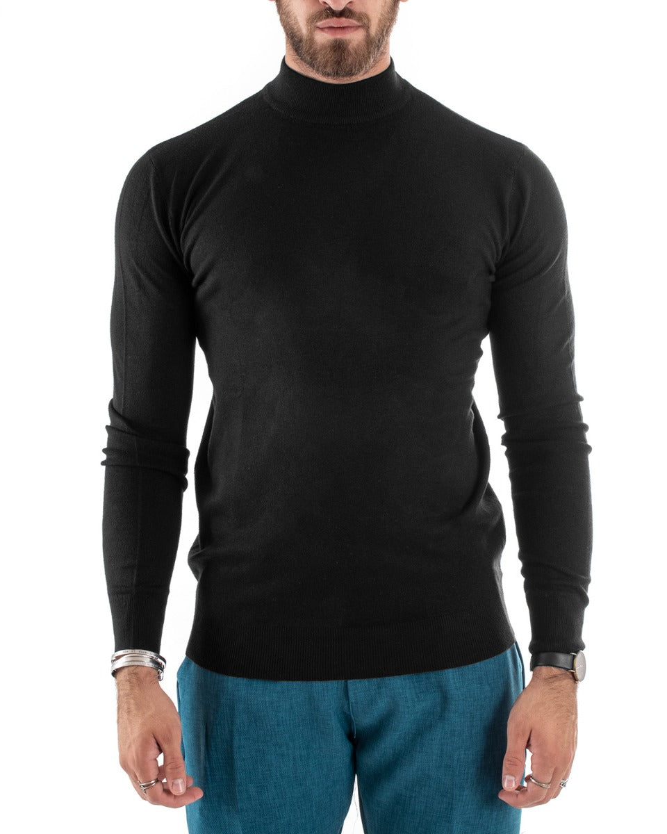 Maglioncino Uomo Maglia Maniche Lunghe Mezzo Collo Elastico Tinta Unita Nero GIOSAL-M2567A