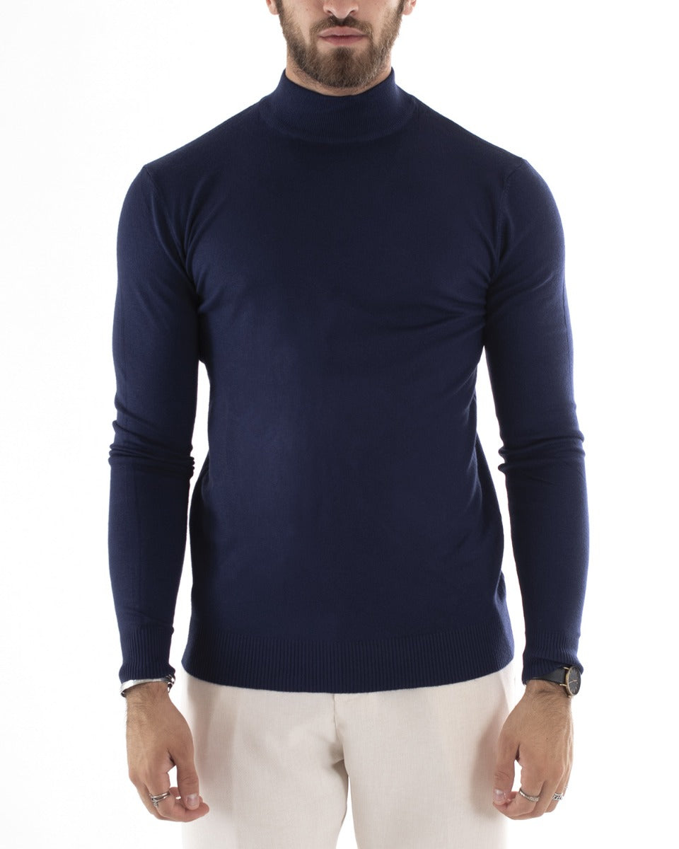 Maglioncino Uomo Maglia Mezzo Collo Maniche Lunghe Sottogiacca Rasato Caldo Elastico Tinta Unita Blu GIOSAL-M2568A