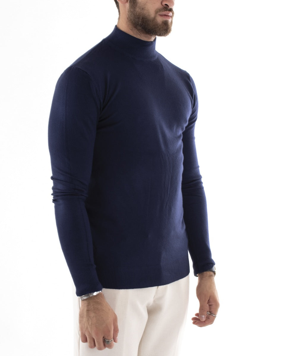 Maglioncino Uomo Maglia Mezzo Collo Maniche Lunghe Sottogiacca Rasato Caldo Elastico Tinta Unita Blu GIOSAL-M2568A