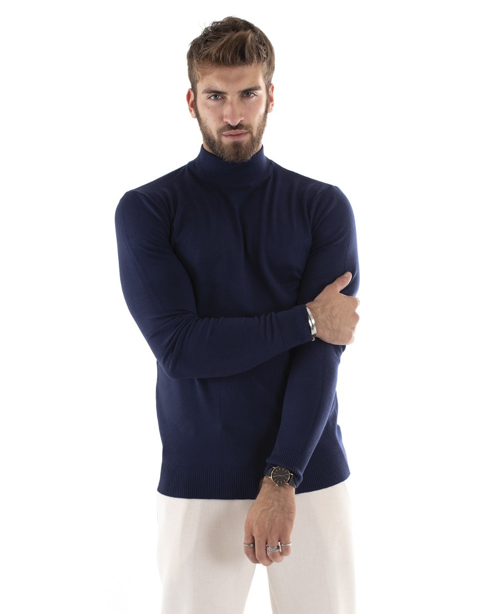 Maglioncino Uomo Maglia Mezzo Collo Maniche Lunghe Sottogiacca Rasato Caldo Elastico Tinta Unita Blu GIOSAL-M2568A