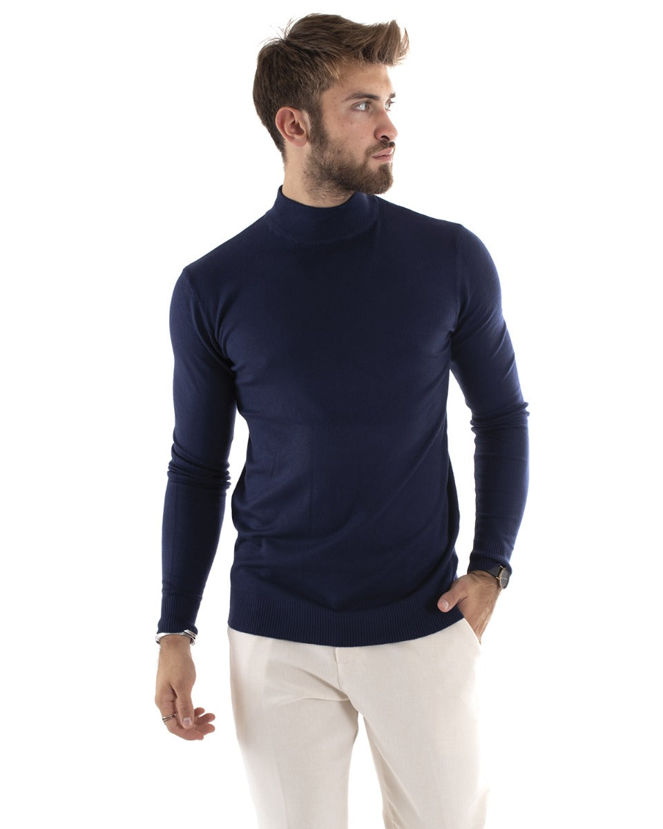Maglioncino Uomo Maglia Mezzo Collo Maniche Lunghe Sottogiacca Rasato Caldo Elastico Tinta Unita Blu GIOSAL-M2568A