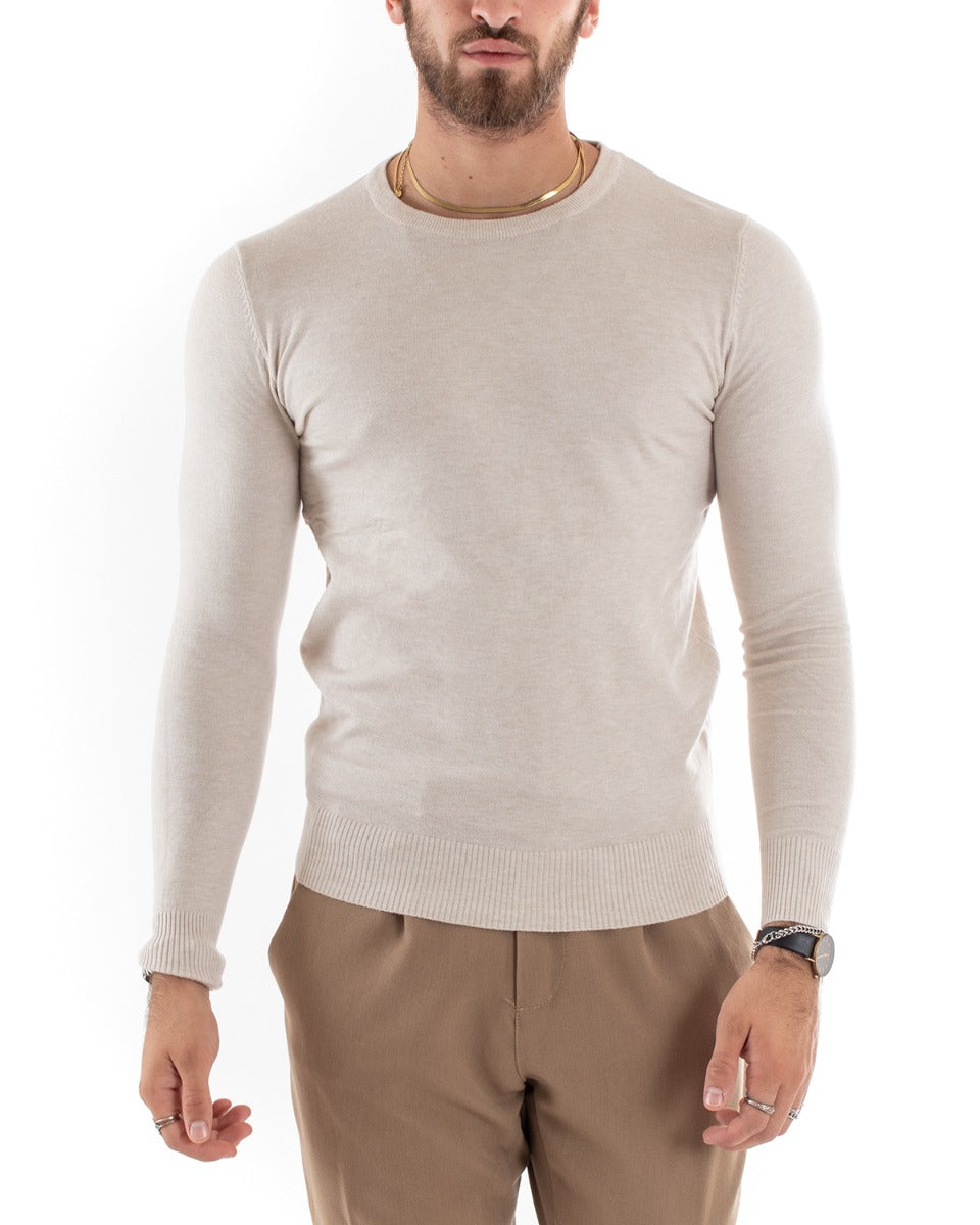 Maglioncino Uomo Casual Maglia Girocollo Tinta Unita Manica Lunga Beige Melangiato GIOSAL-M2571A