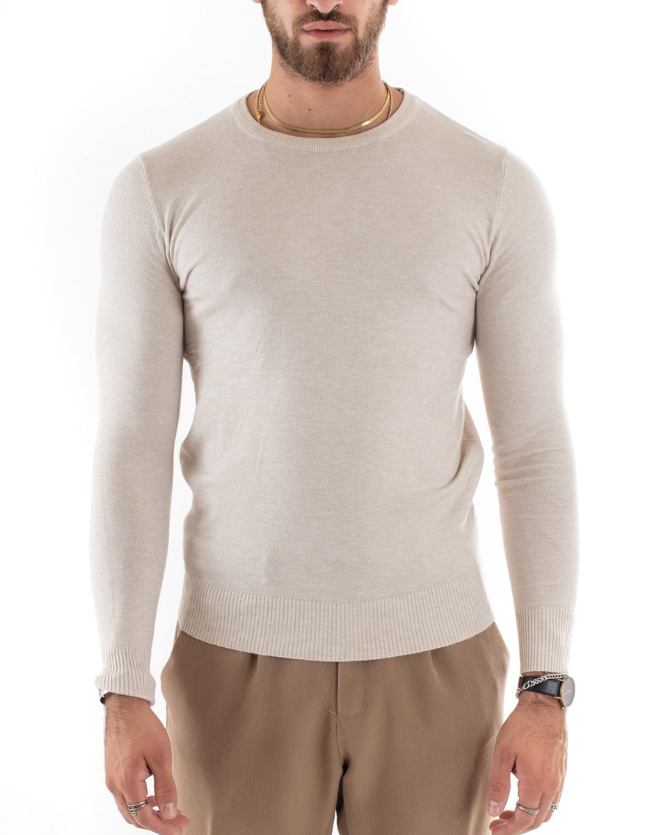 Maglioncino Uomo Casual Maglia Girocollo Tinta Unita Manica Lunga Beige Melangiato GIOSAL-M2571A