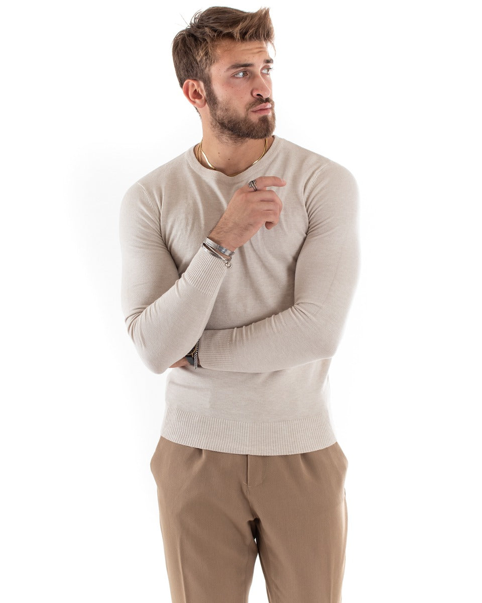 Maglioncino Uomo Casual Maglia Girocollo Tinta Unita Manica Lunga Beige Melangiato GIOSAL-M2571A