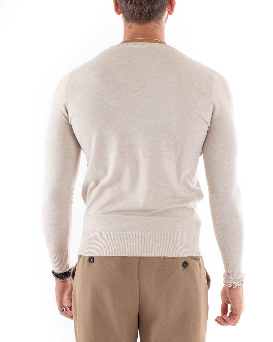 Maglioncino Uomo Casual Maglia Girocollo Tinta Unita Manica Lunga Beige Melangiato GIOSAL-M2571A