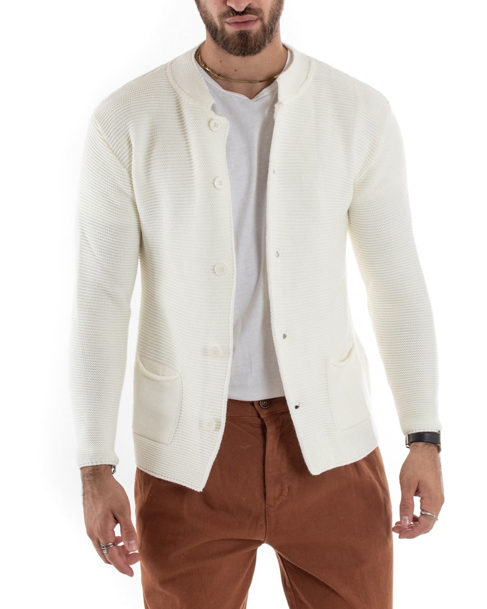 Cardigan Uomo Collo Coreano Maglioncino Monopetto Maglia Giacca Con Bottoni Panna GIOSAL-M2573A