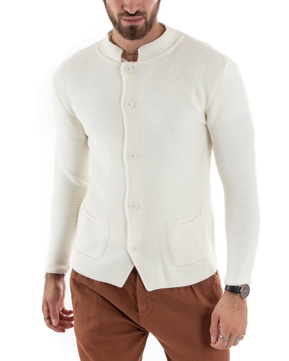 Cardigan Uomo Collo Coreano Maglioncino Monopetto Maglia Giacca Con Bottoni Panna GIOSAL-M2573A