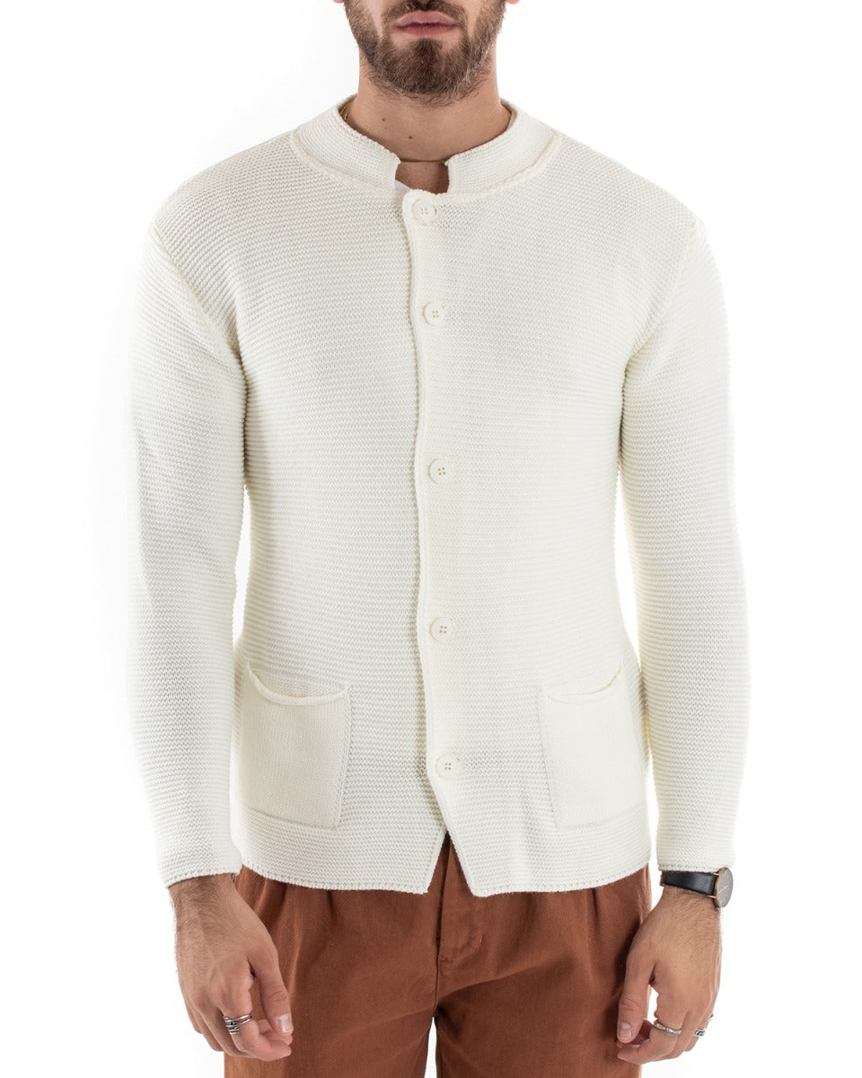 Cardigan Uomo Collo Coreano Maglioncino Monopetto Maglia Giacca Con Bottoni Panna GIOSAL-M2573A