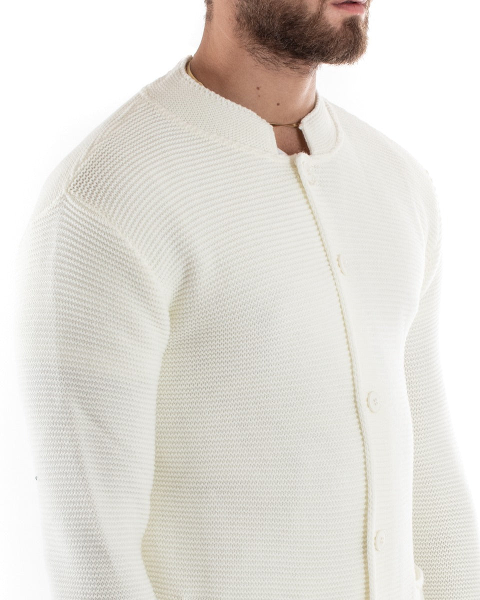 Cardigan Uomo Collo Coreano Maglioncino Monopetto Maglia Giacca Con Bottoni Panna GIOSAL-M2573A