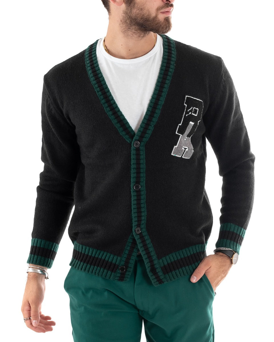 Cardigan Uomo Maglioncino Con Bottoni Maglia Con Patch Bicolore Nero GIOSAL-M2576A