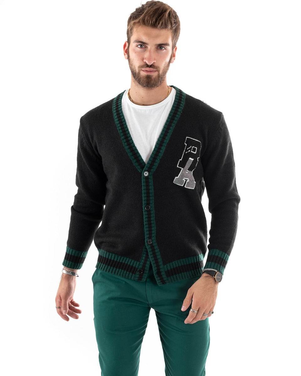 Cardigan Uomo Maglioncino Con Bottoni Maglia Con Patch Bicolore Nero GIOSAL-M2576A