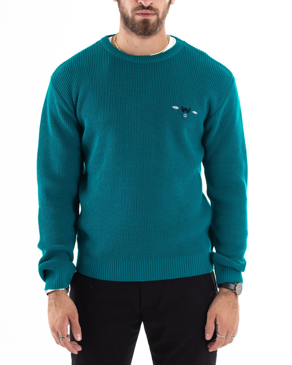 Maglioncino Uomo Casual Maglia Girocollo Tinta Unita Pullover Petrolio GIOSAL-M2584A