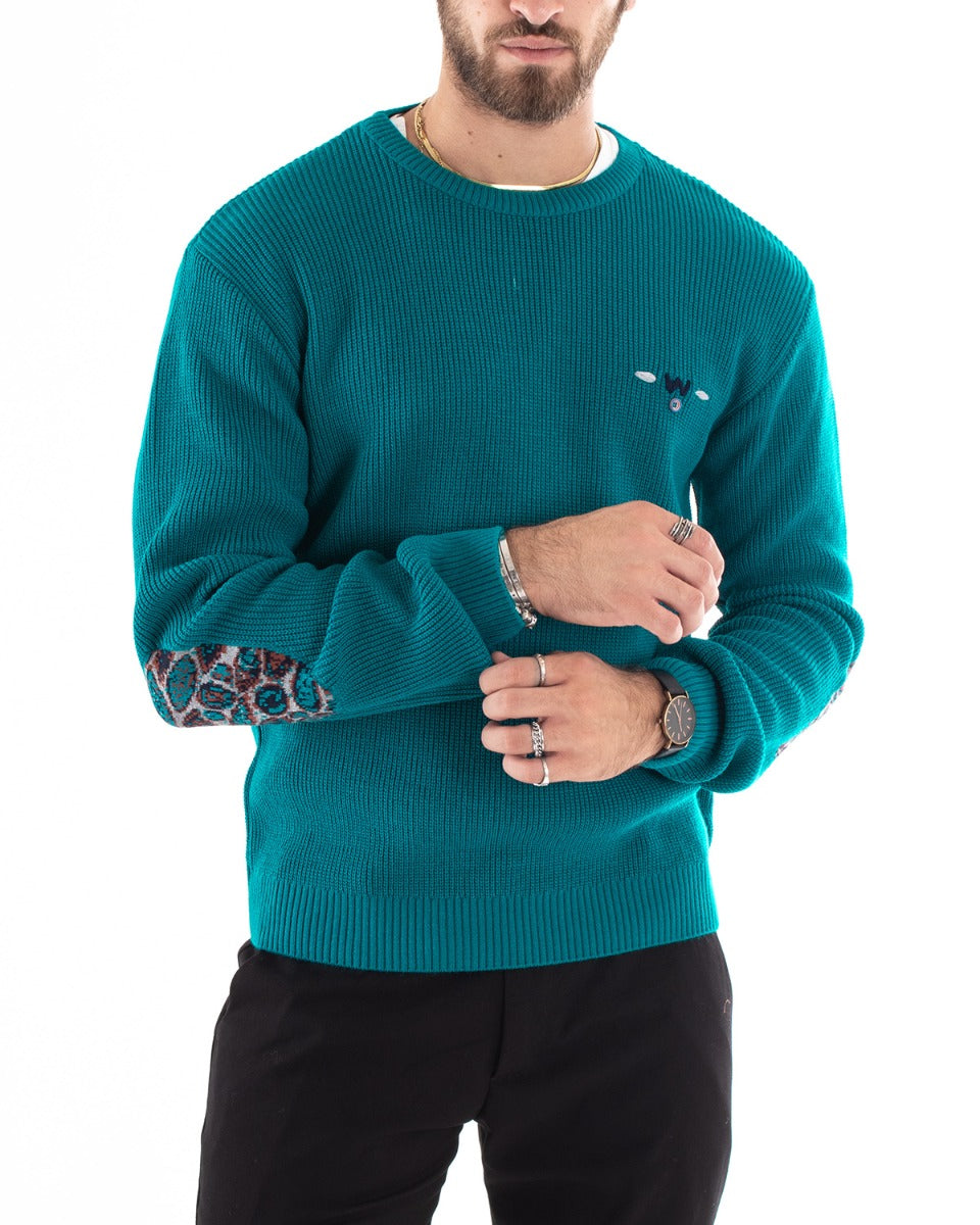 Maglioncino Uomo Casual Maglia Girocollo Tinta Unita Pullover Petrolio GIOSAL-M2584A
