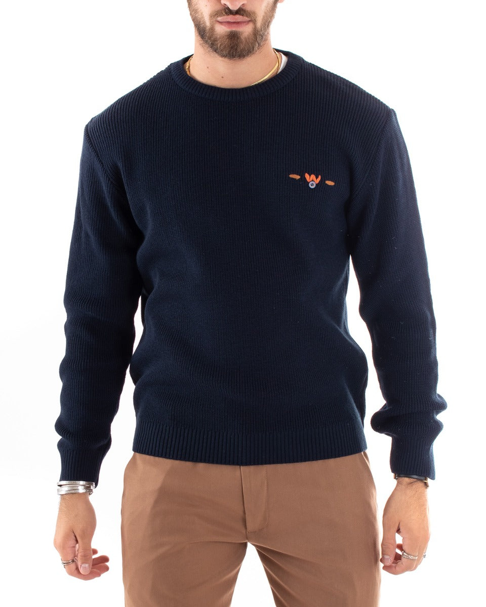 Maglioncino Uomo Casual Maglia Girocollo Tinta Unita Pullover Blu GIOSAL-M2586A