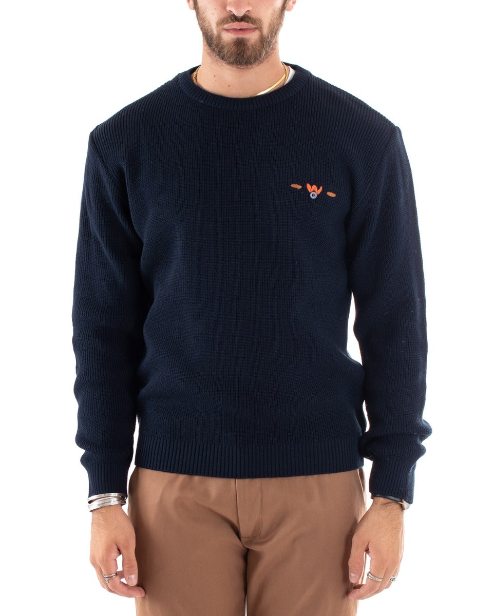 Maglioncino Uomo Casual Maglia Girocollo Tinta Unita Pullover Blu GIOSAL-M2586A
