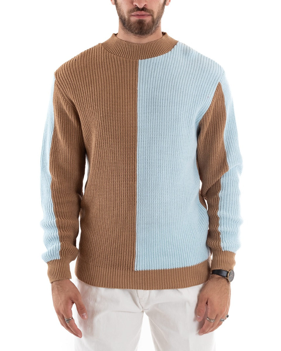 Maglioncino Uomo Casual Maglia Girocollo Bicolore Camel Pullover GIOSAL-M2588A