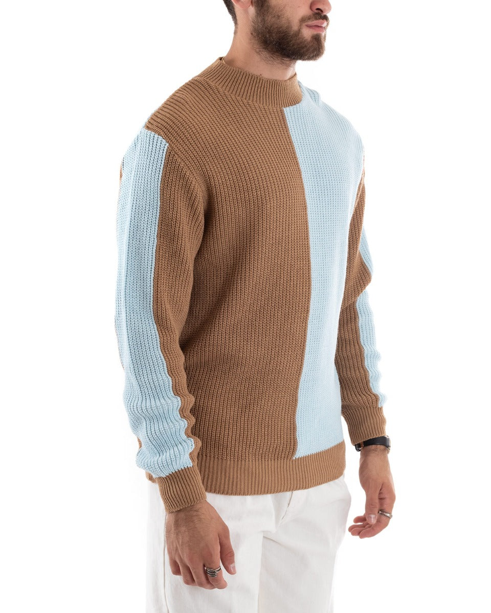 Maglioncino Uomo Casual Maglia Girocollo Bicolore Camel Pullover GIOSAL-M2588A