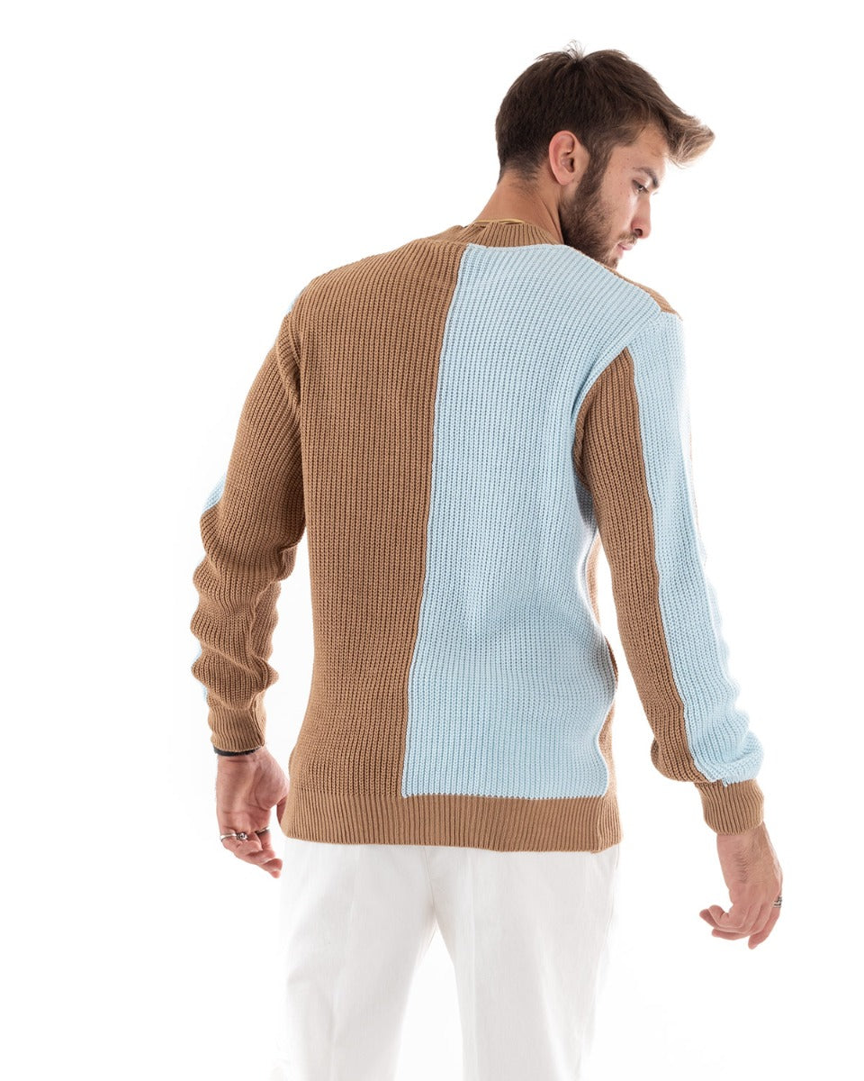 Maglioncino Uomo Casual Maglia Girocollo Bicolore Camel Pullover GIOSAL-M2588A