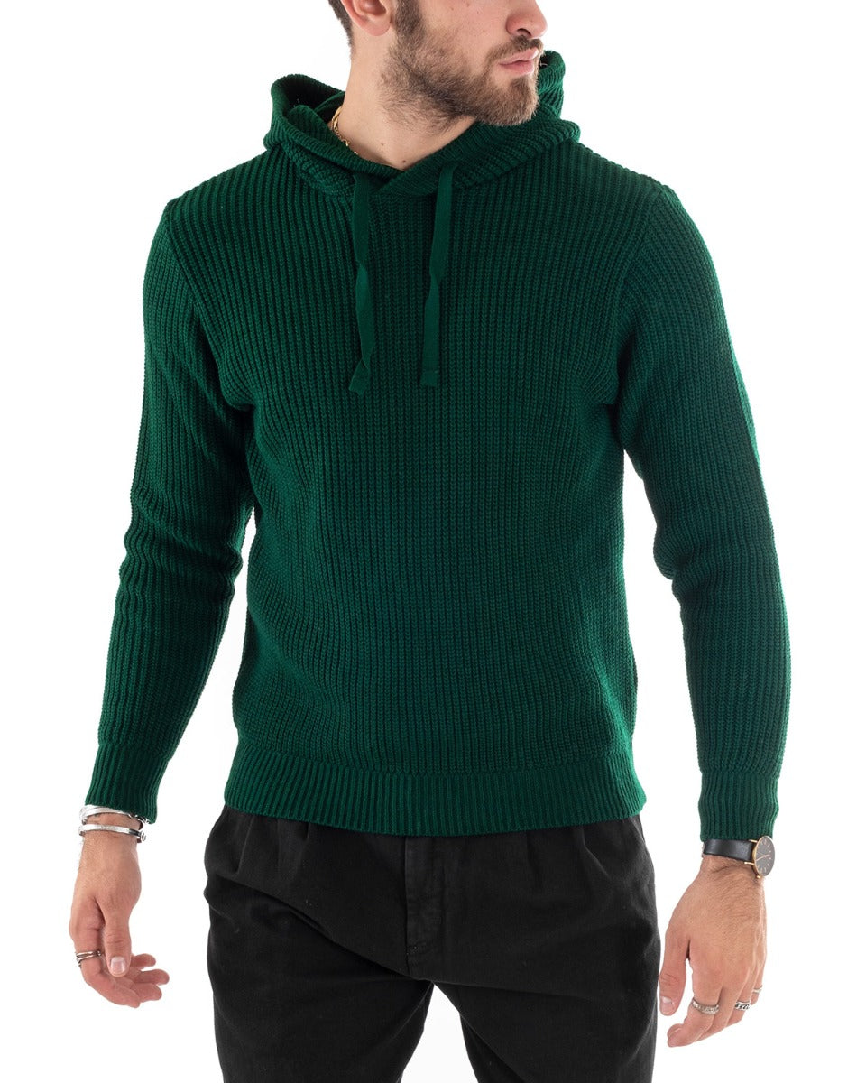 Maglioncino Uomo Maglia Con Cappuccio Tinta Unita Verde Pullover GIOSAL-M2593A