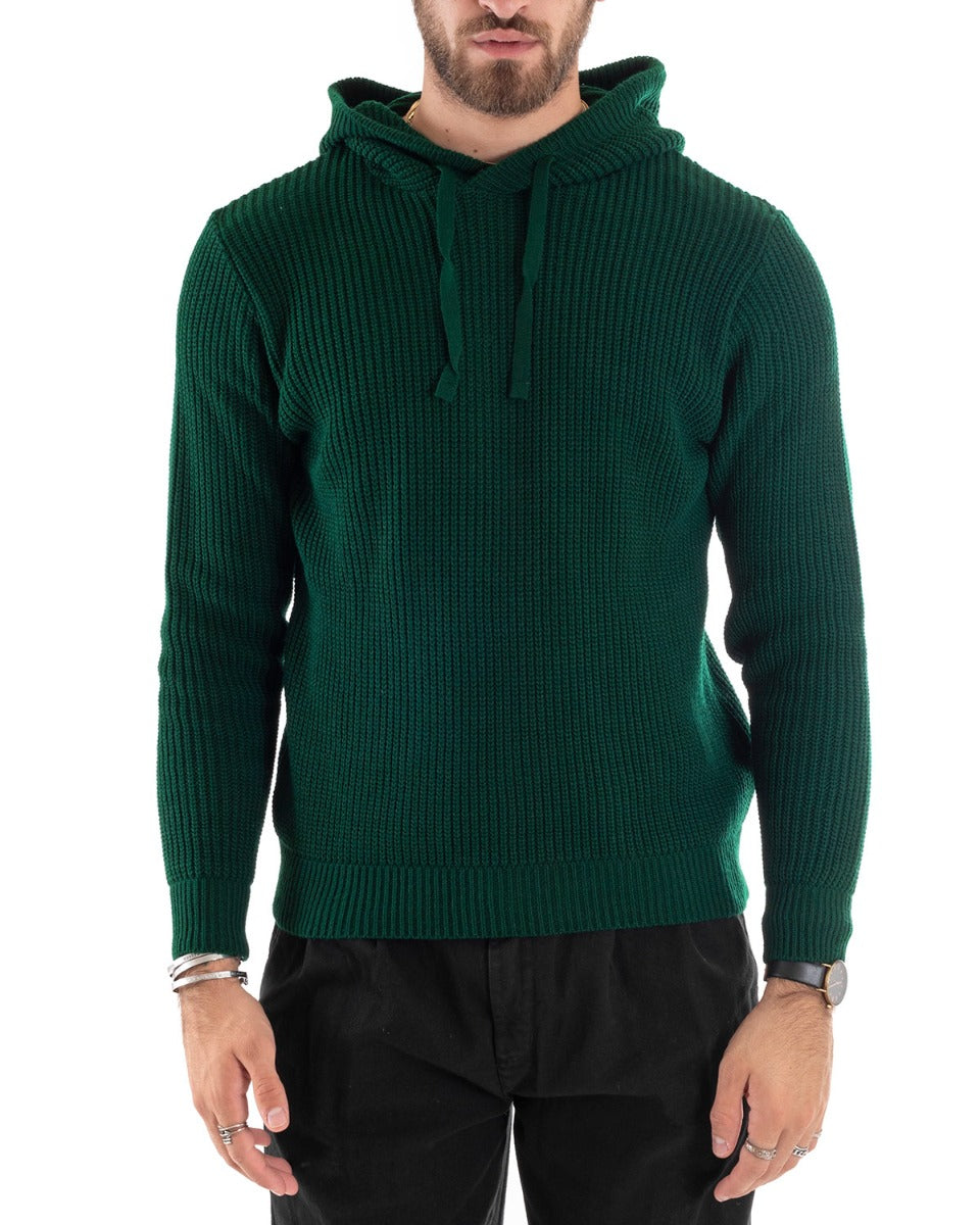 Maglioncino Uomo Maglia Con Cappuccio Tinta Unita Verde Pullover GIOSAL-M2593A