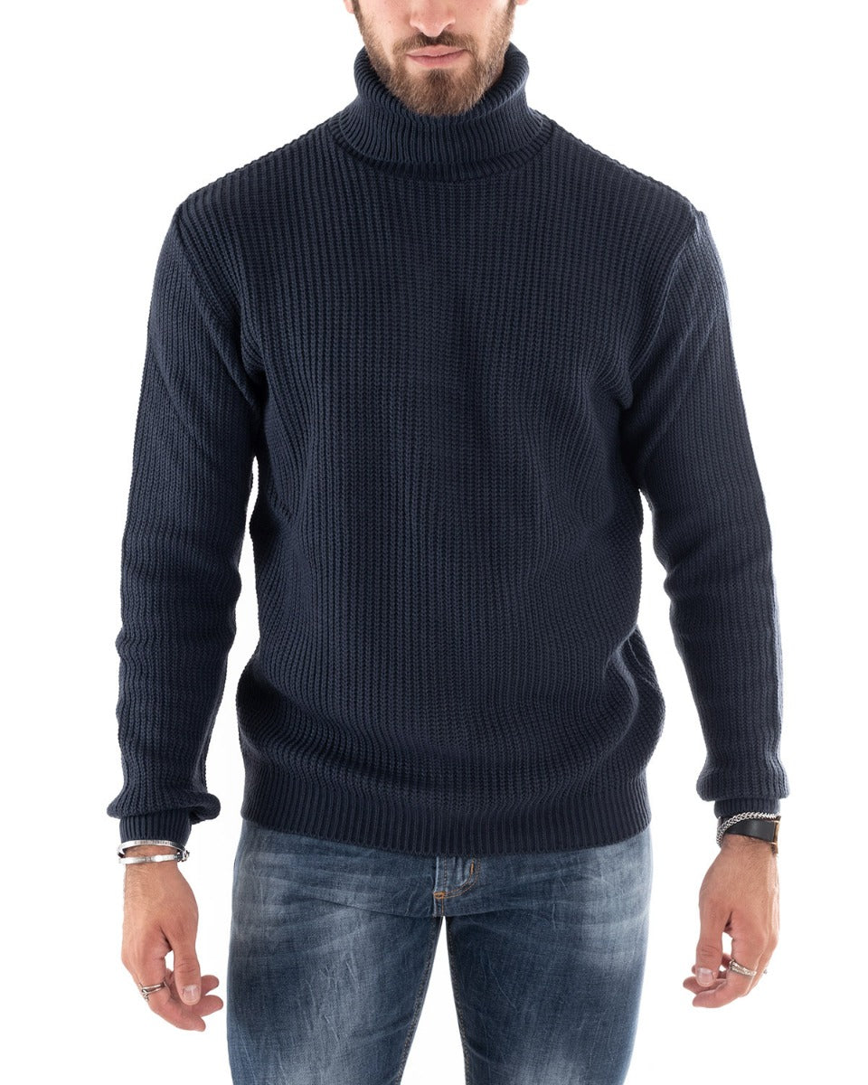 Maglione Uomo Pullover Dolcevita Maglia Tinta Unita Blu Scuro Collo Al