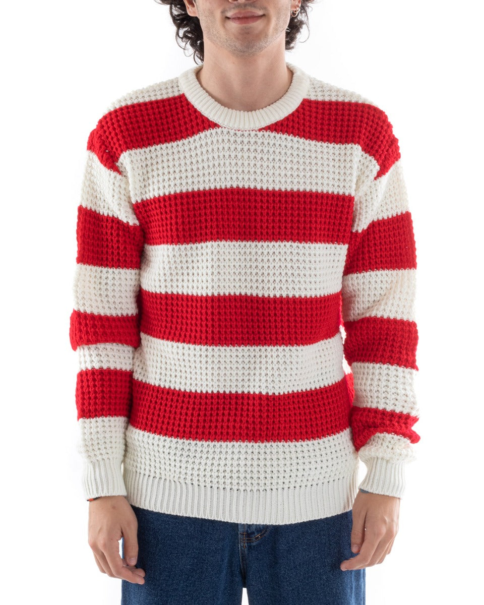 Maglione Uomo Maglioncino Maglia Pullover Rigato Bicolore Girocollo Rosso Bianco GIOSAL-M2609A