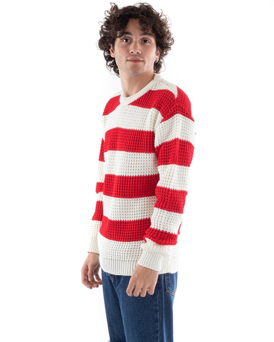 Maglione Uomo Maglioncino Maglia Pullover Rigato Bicolore Girocollo Rosso Bianco GIOSAL-M2609A