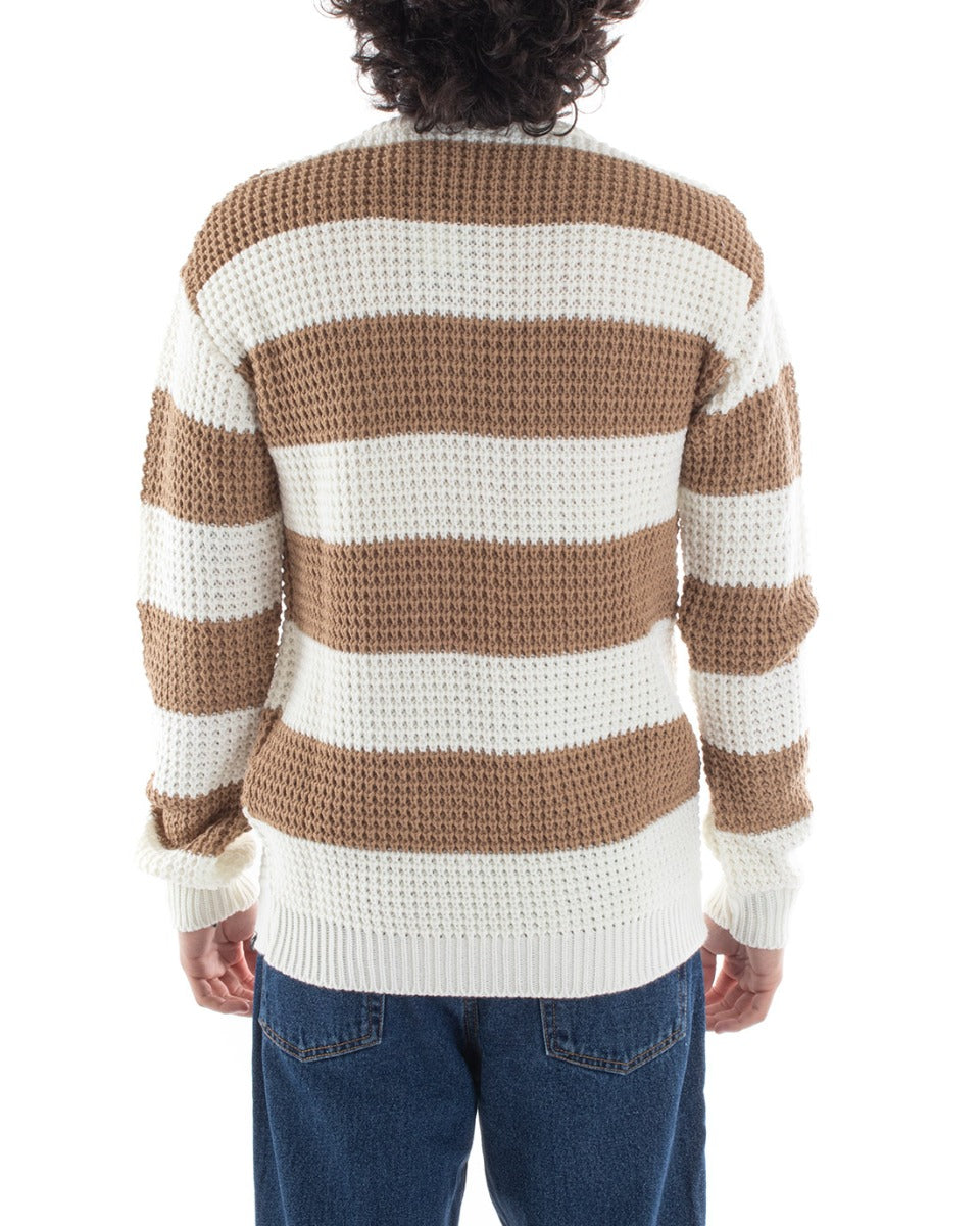 Maglione Uomo Maglioncino Maglia Pullover Rigato Bicolore Girocollo Camel Bianco GIOSAL-M2611A
