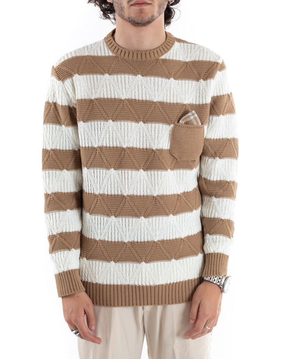 Maglioncino Uomo Maglione Pullover Rigato Beige Bianco Girocollo Casual GIOSAL-M2614A