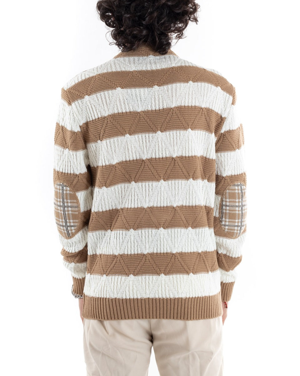 Maglioncino Uomo Maglione Pullover Rigato Beige Bianco Girocollo Casual GIOSAL-M2614A