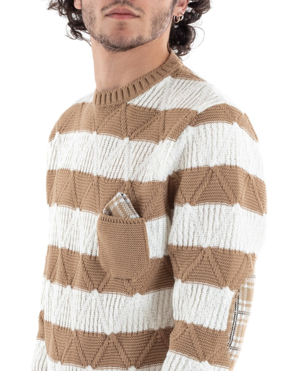 Maglioncino Uomo Maglione Pullover Rigato Beige Bianco Girocollo Casual GIOSAL-M2614A
