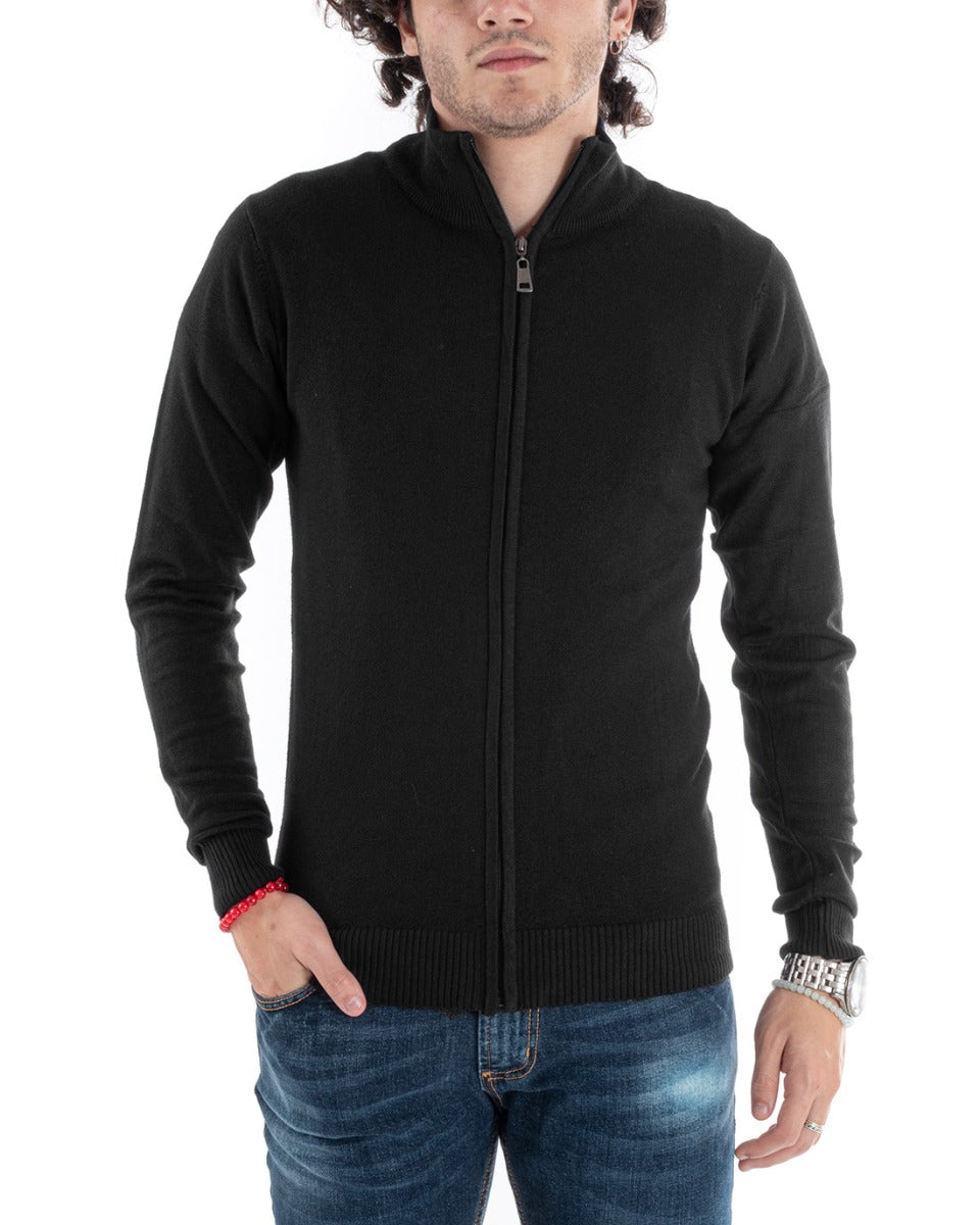 Maglia Uomo Maglioncino Zip Manica Lunga Basic Tinta Unita Casual Nero GIOSAL-M2618A