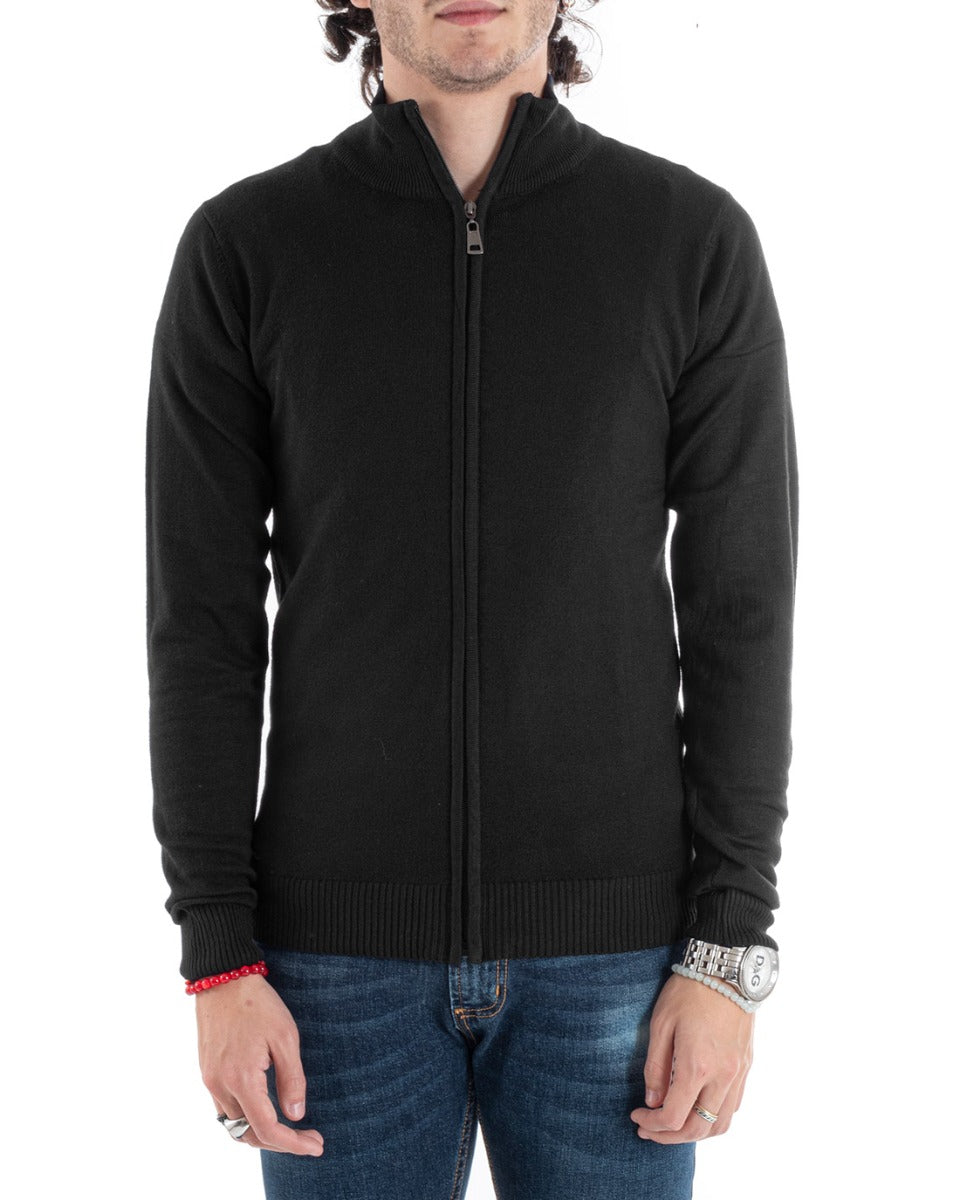 Maglia Uomo Maglioncino Zip Manica Lunga Basic Tinta Unita Casual Nero GIOSAL-M2618A
