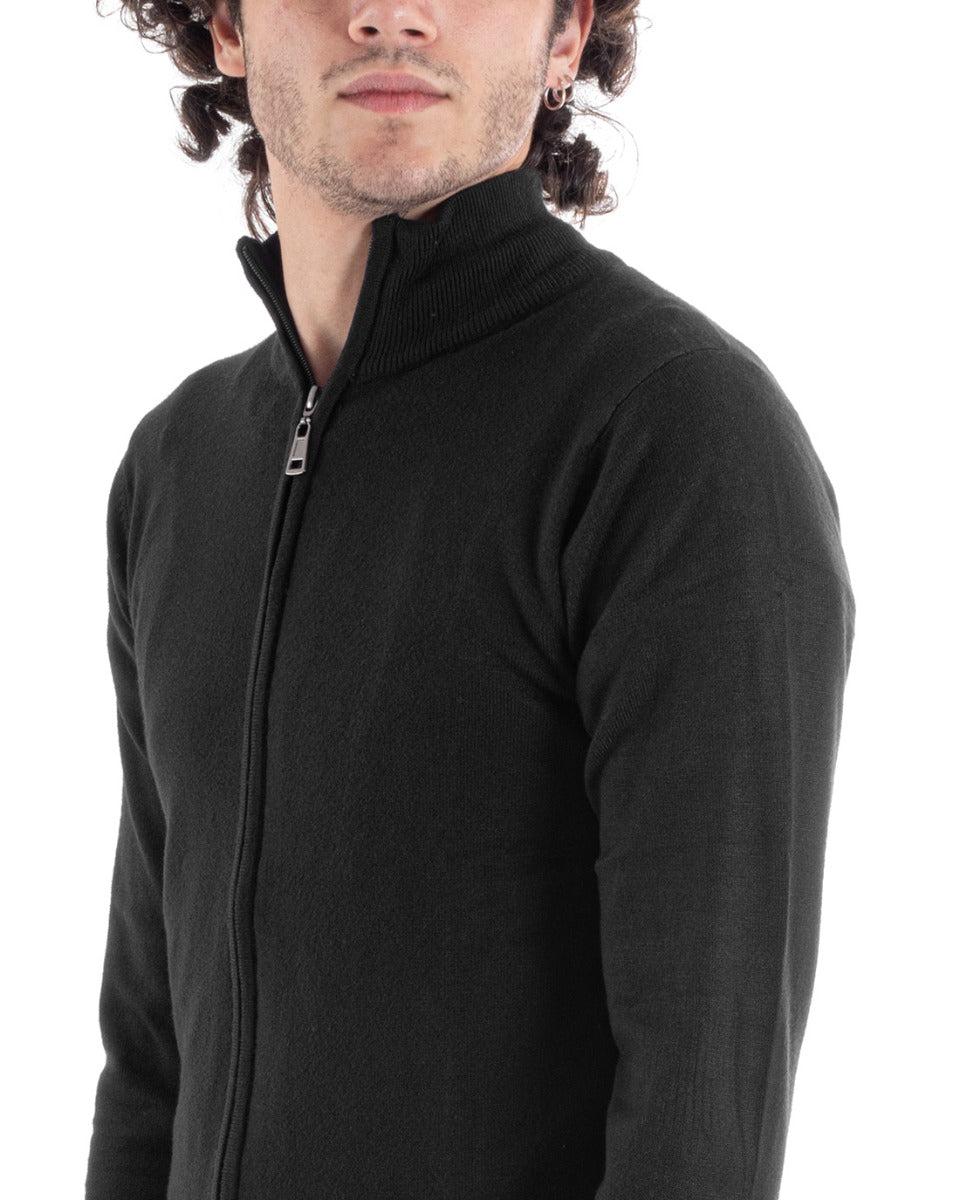 Maglia Uomo Maglioncino Zip Manica Lunga Basic Tinta Unita Casual Nero GIOSAL-M2618A