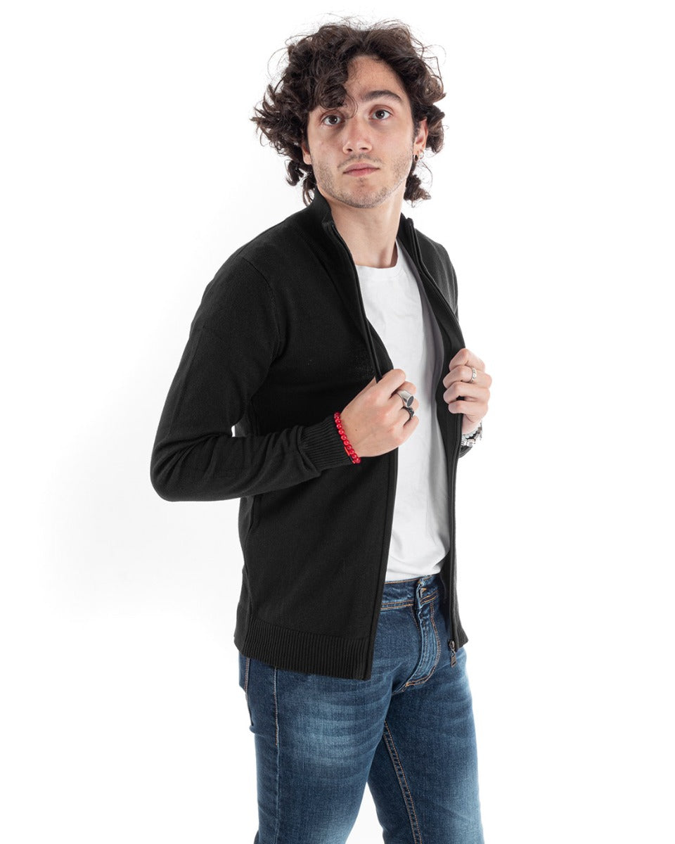 Maglia Uomo Maglioncino Zip Manica Lunga Basic Tinta Unita Casual Nero GIOSAL-M2618A
