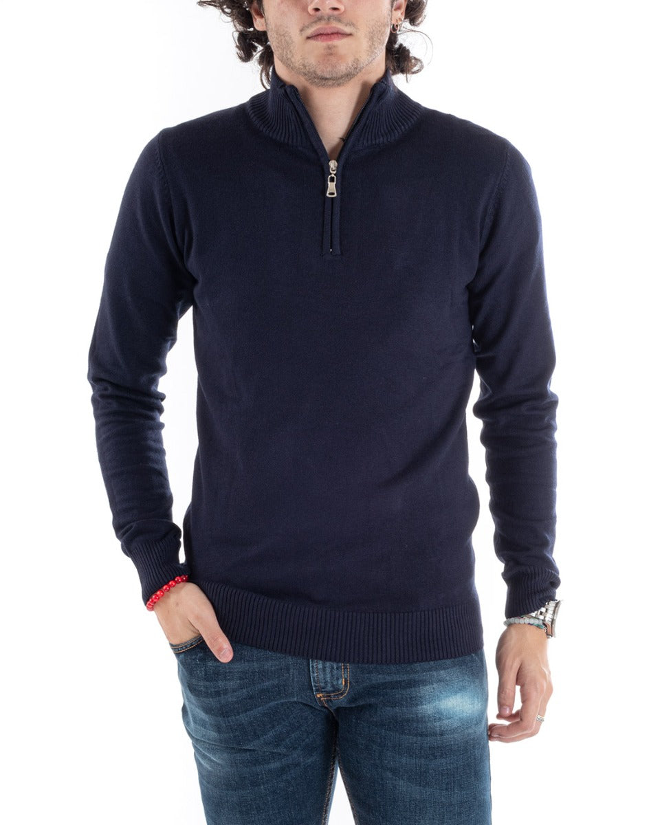 Maglioncino Uomo Maglia Basic Pullover Mezza Zip Tinta Unita Blu GIOSAL-M2619A
