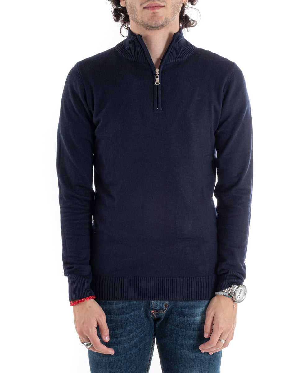 Maglioncino Uomo Maglia Basic Pullover Mezza Zip Tinta Unita Blu GIOSAL-M2619A