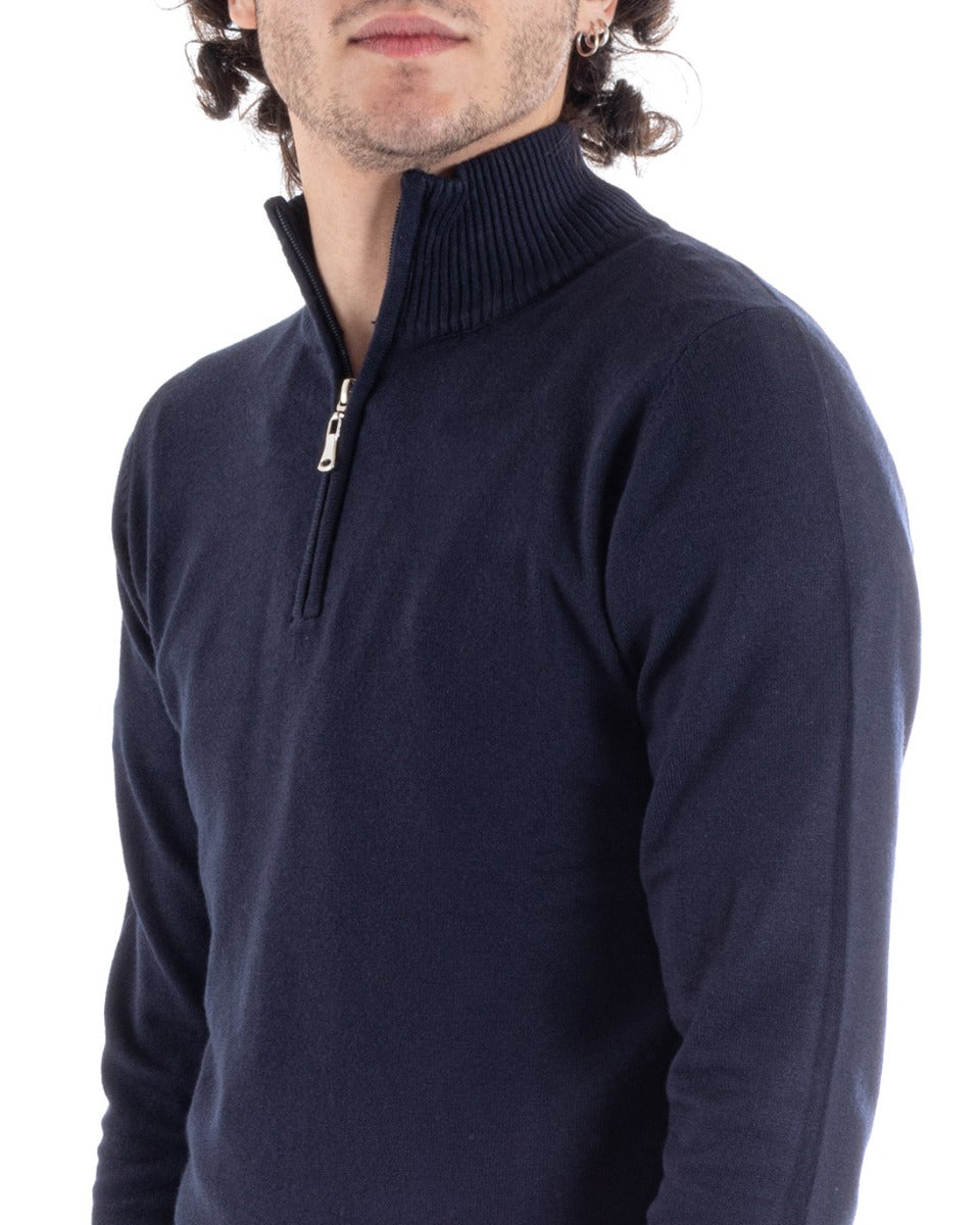 Maglioncino Uomo Maglia Basic Pullover Mezza Zip Tinta Unita Blu GIOSAL-M2619A