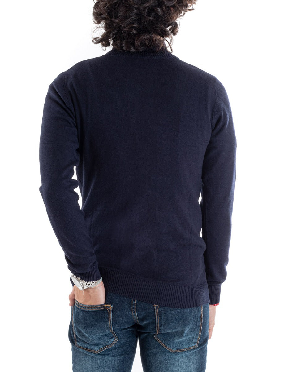 Maglioncino Uomo Maglia Basic Pullover Mezza Zip Tinta Unita Blu GIOSAL-M2619A