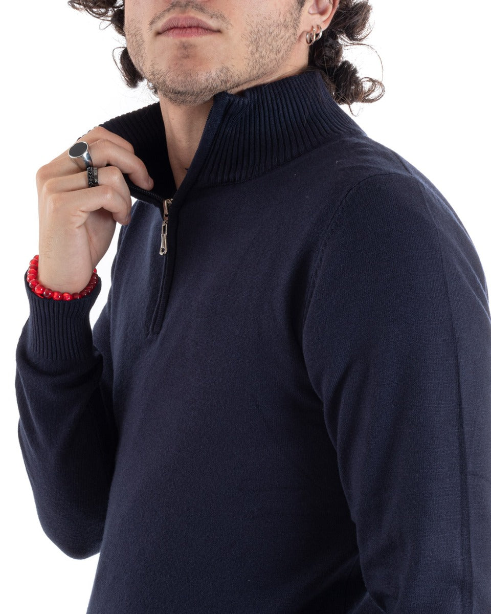 Maglioncino Uomo Maglia Basic Pullover Mezza Zip Tinta Unita Blu GIOSAL-M2619A