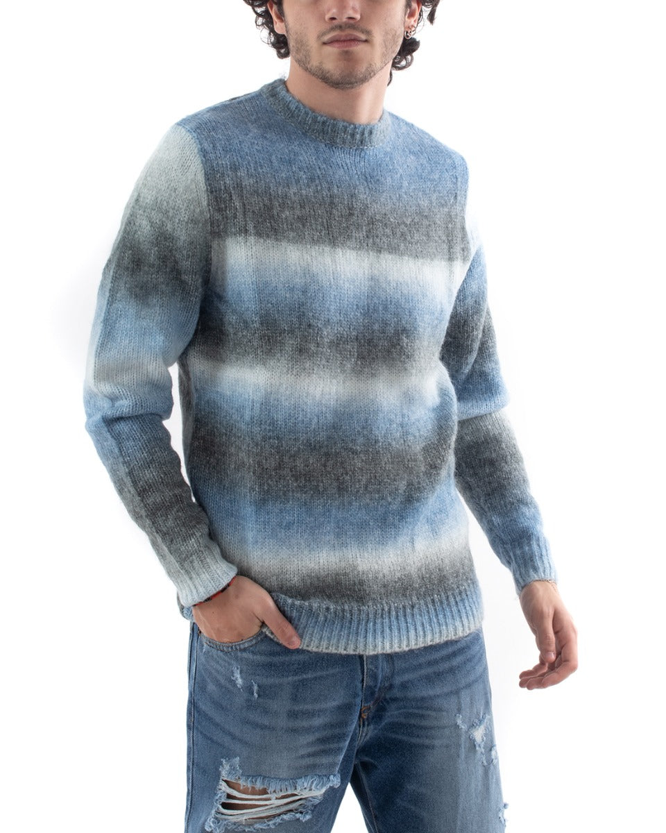 Maglioncino Uomo Girocollo Maglione Pesante Rigato Celeste Grigio Casual GIOSAL-M2637A